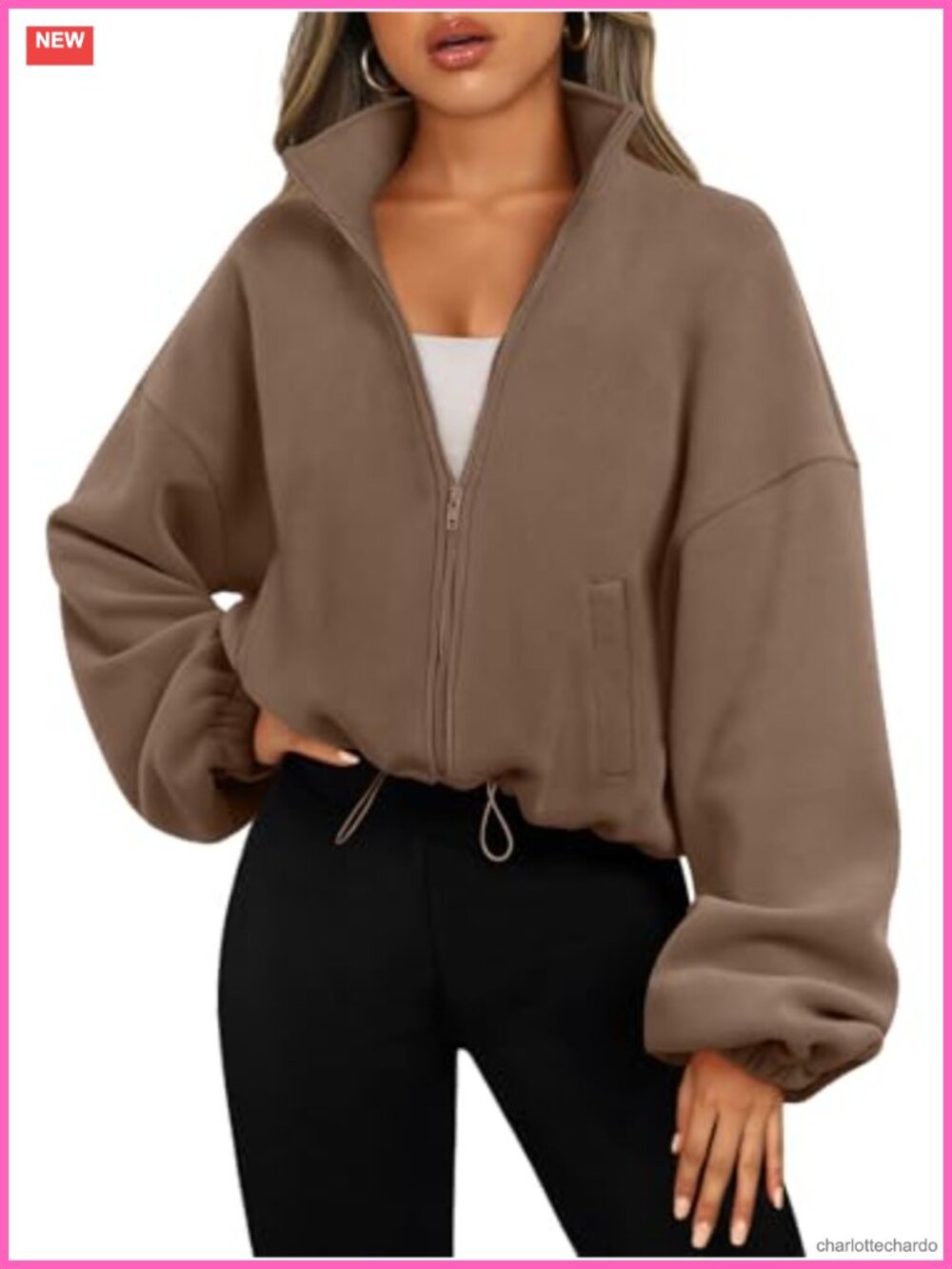 Women's Fleece Zip Up Cropped Jacket Oversized Full Zip Sweatshirt Y2K